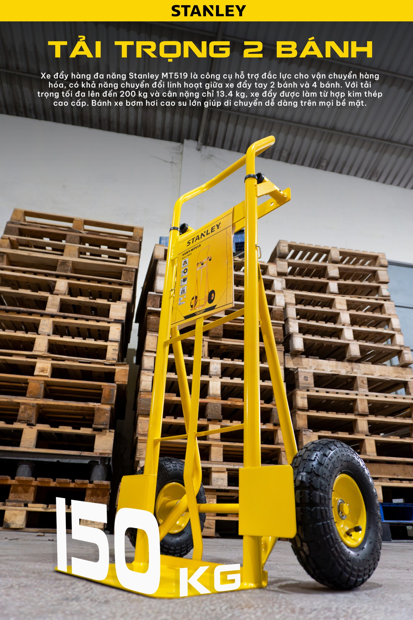 Xe đẩy hàng chuyển đổi 2 - 4 bánh Stanley MT519 - Tải trọng 150kg (2 bánh) - 200kg (4 bánh). - Ảnh 10