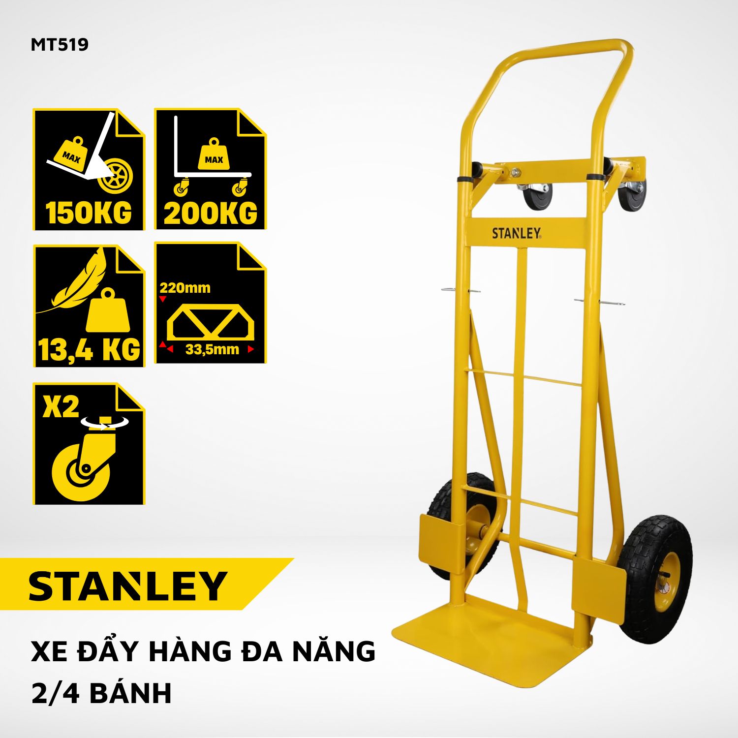 Xe đẩy hàng chuyển đổi 2 - 4 bánh Stanley MT519 - Tải trọng 150kg (2 bánh) - 200kg (4 bánh).