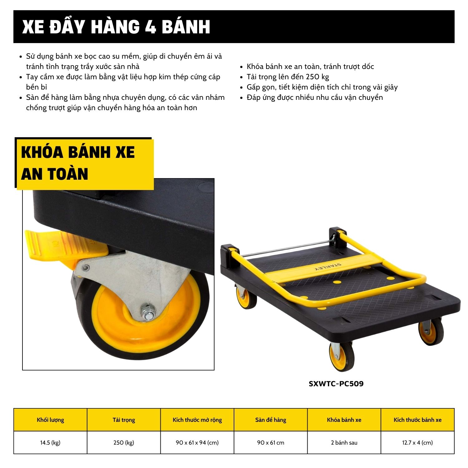 Xe đẩy hàng 4 bánh Stanley PC509 - Tải trọng 250kg. - Ảnh 2