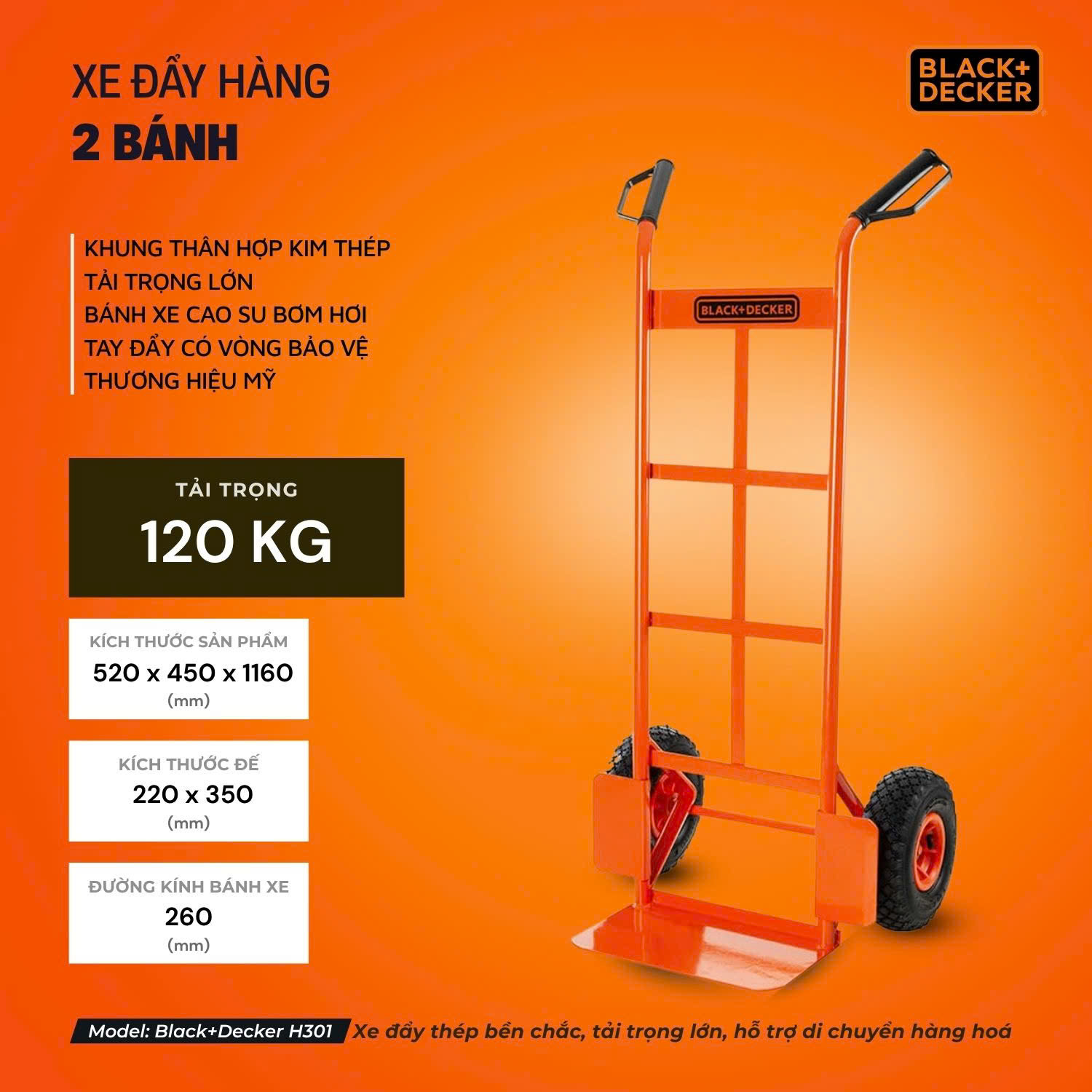 Xe đẩy hàng 2 bánh cao cấp Black and Decker H301 - Tải trọng 120/150kg. - Ảnh 4