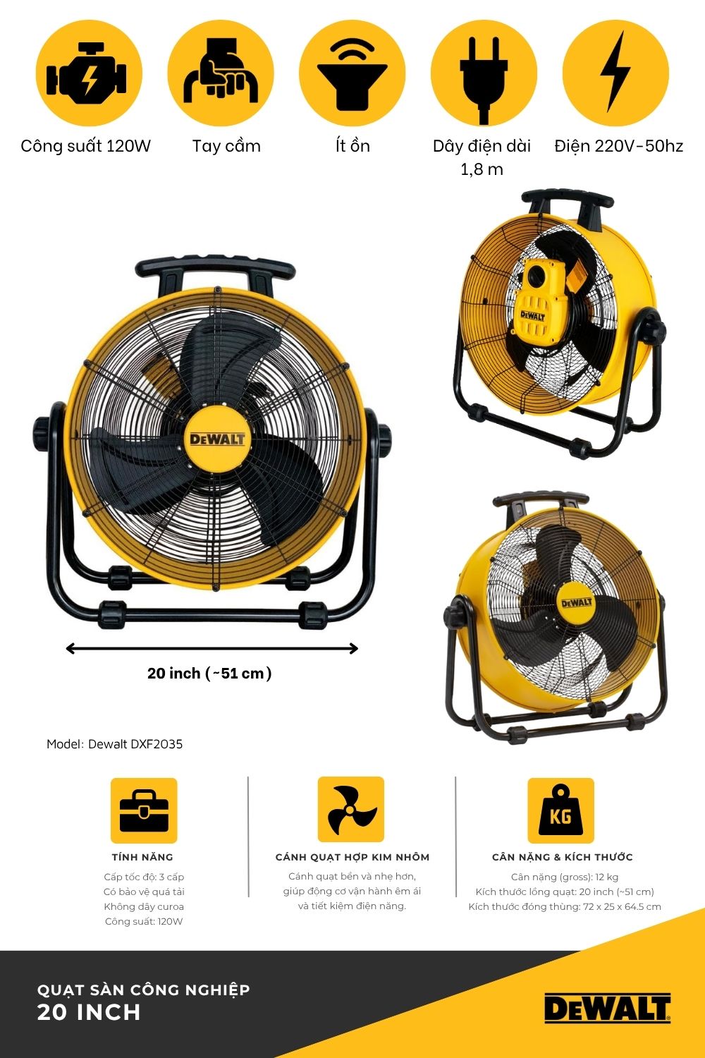 Quạt Công nghiệp Dewalt 20" DXF2035 - Ảnh 3