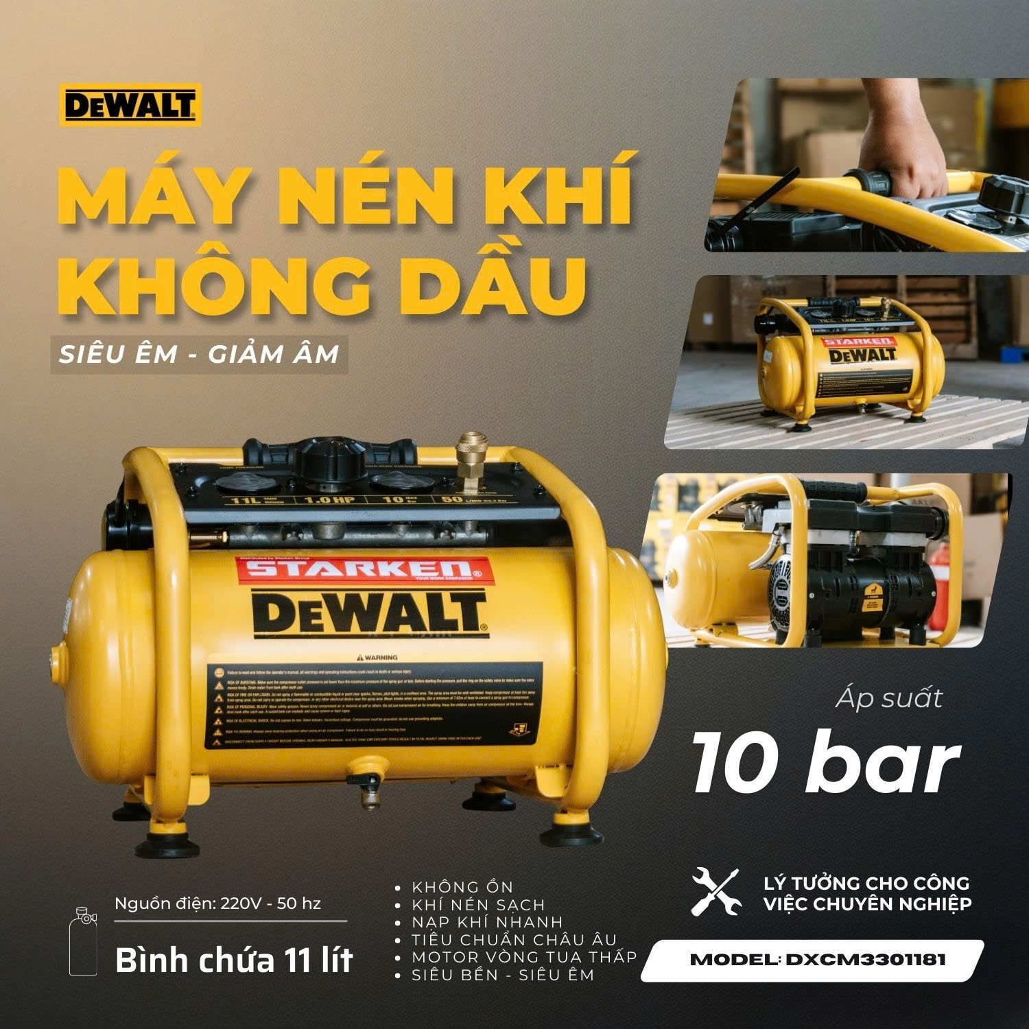 MÁY NÉN KHÍ KHÔNG DẦU 11L DEWALT DXCM3301181 - Ảnh 2