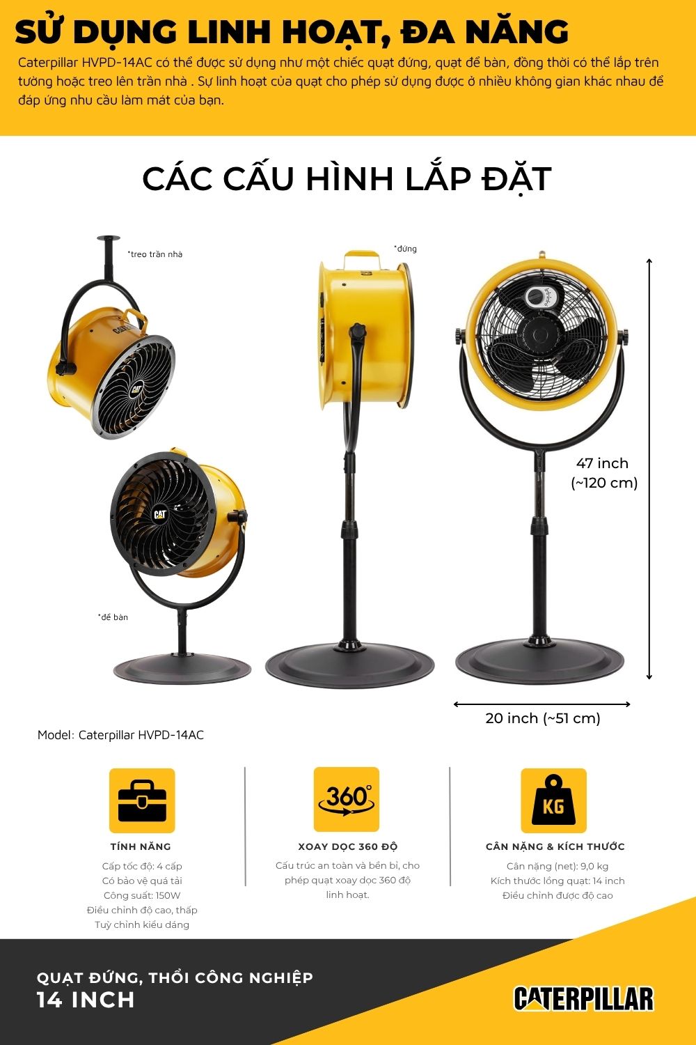 Quạt đứng công nghiệp Caterpillar 14" HVPD-14AC - Ảnh 3