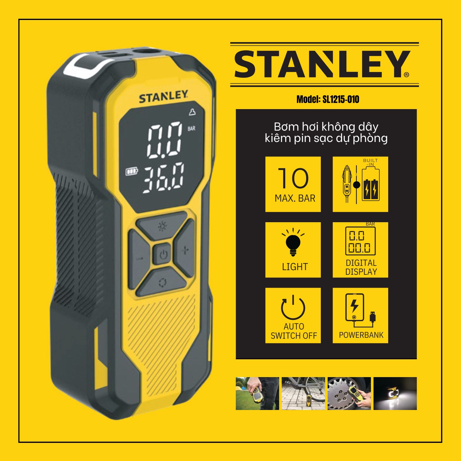 Dụng cụ đa năng bơm xe, đèn pin Led, sạc dự phòng STANLEY Model SXIF0101 Tiêu chuẩn Châu Âu - Ảnh 2