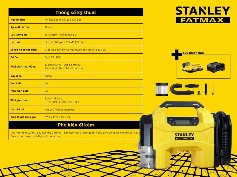 Máy bơm hơi đa năng dùng pin kèm tính năng thổi và hút bụi hiệu STANLEY Model SXVI02001, 3 trong 1 - Hình ảnh 3