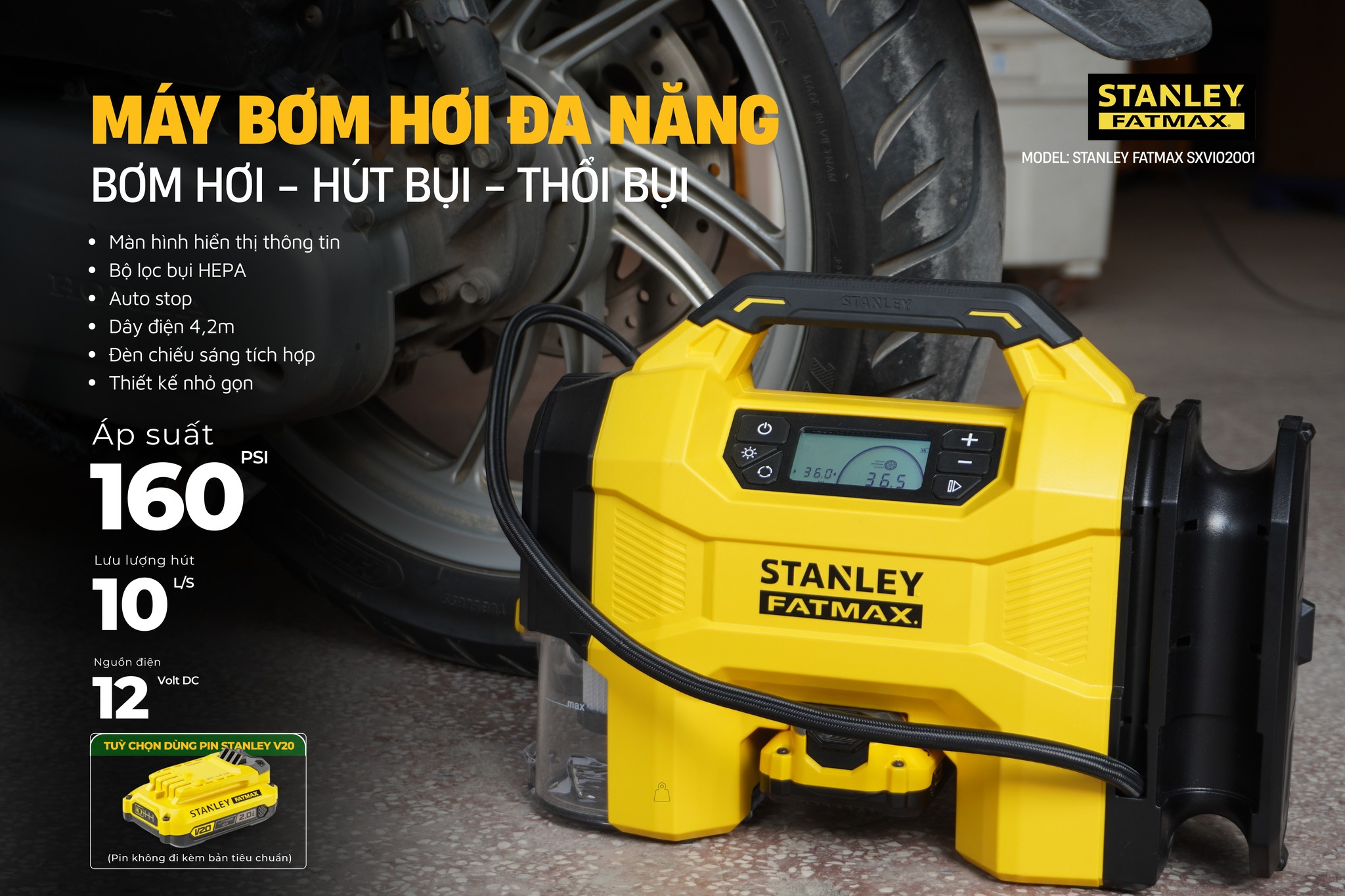Máy bơm hơi đa năng dùng pin kèm tính năng thổi và hút bụi hiệu STANLEY Model SXVI02001, 3 trong 1 - Ảnh 4