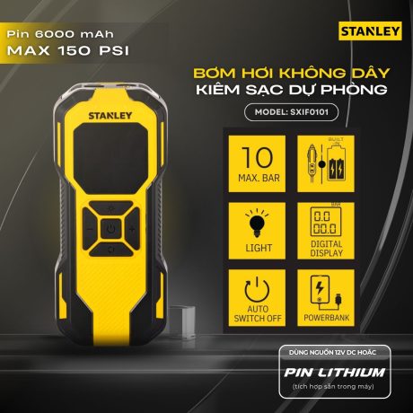 Dụng cụ đa năng bơm xe, đèn pin Led, sạc dự phòng STANLEY Model SXIF0101 Tiêu chuẩn Châu Âu