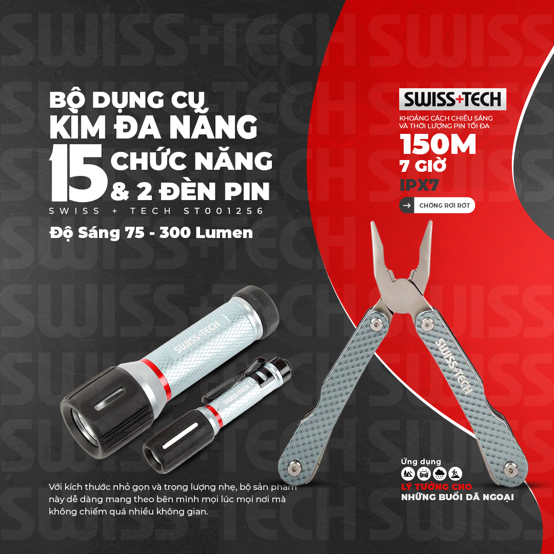 Bộ dụng cụ đa năng 15 chức năng và 2 Đèn pin cao cấp Swiss+Tech ST001256