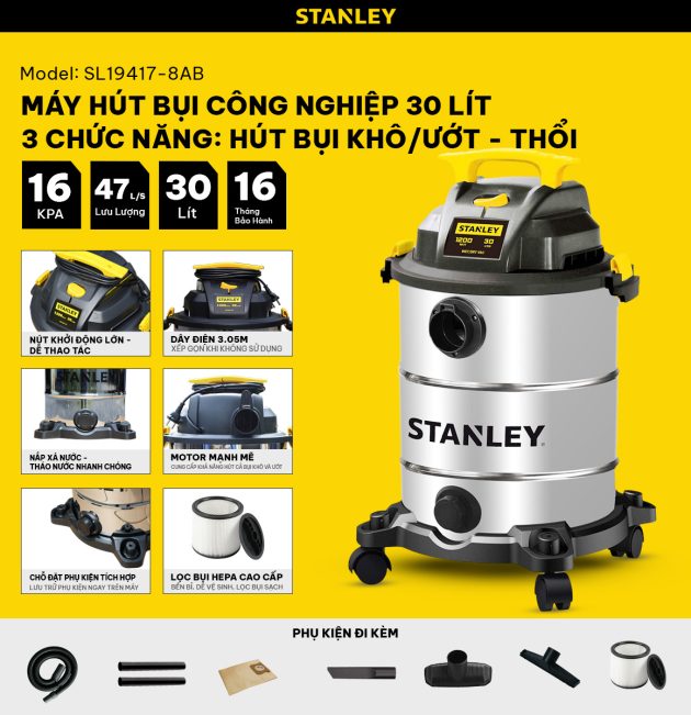 Máy hút bụi Công nghiệp 3 chức năng Stanley SL19417-8AB - 30L