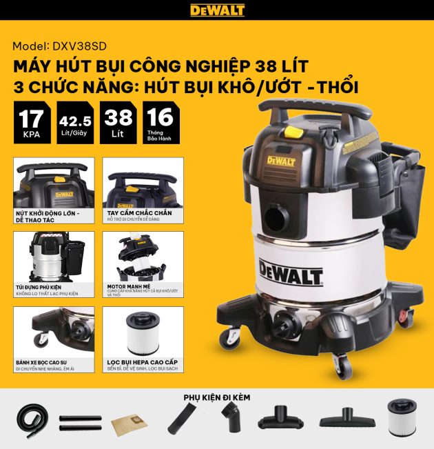 Máy hút bụi Công nghiệp 3 chức năng 38L Dewalt DXV38SD - 38 lít - 17Kpa