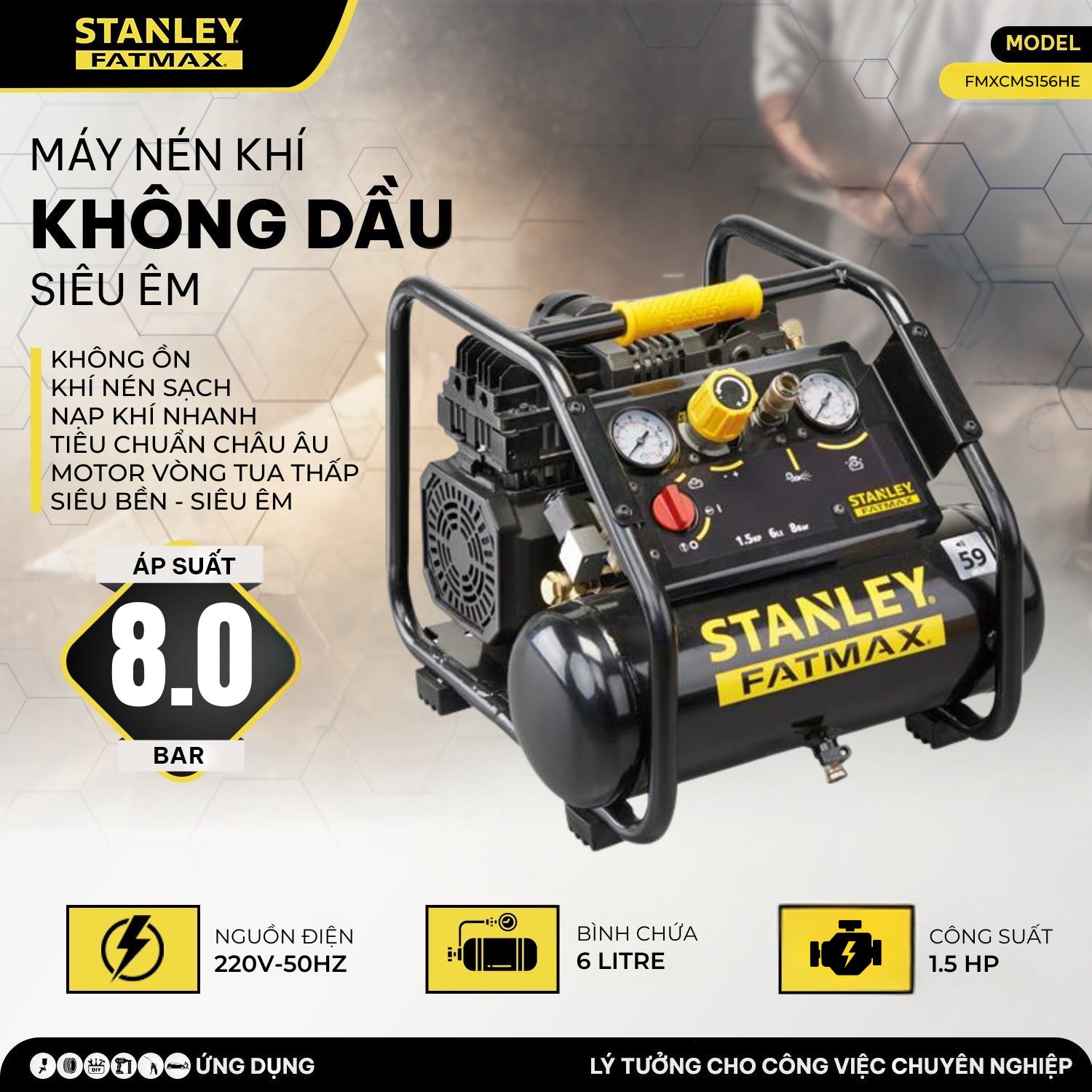 MÁY NÉN KHÍ KHÔNG DẦU 6L STANLEY FATMAX FMXCMS156HE