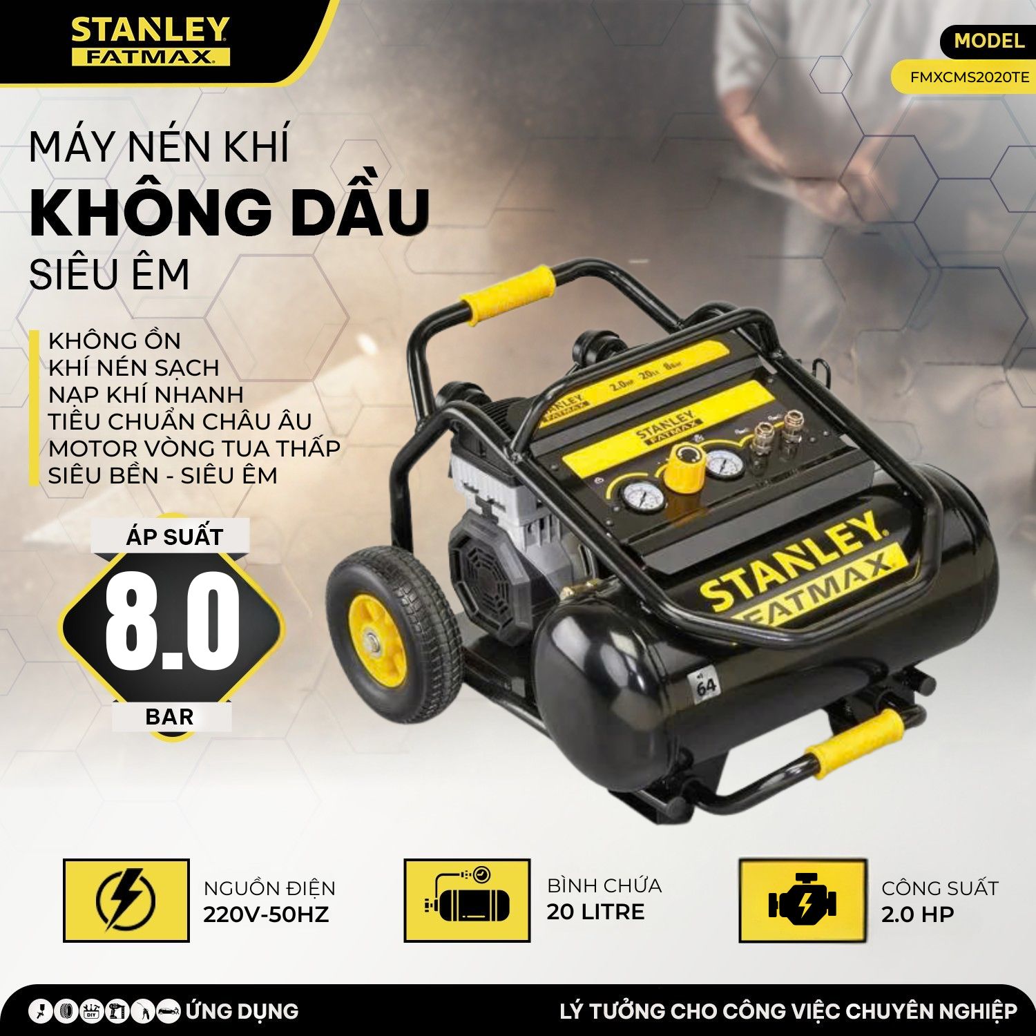 MÁY NÉN KHÍ KHÔNG DẦU 20L STANLEY FATMAX FMXCMS2020TE