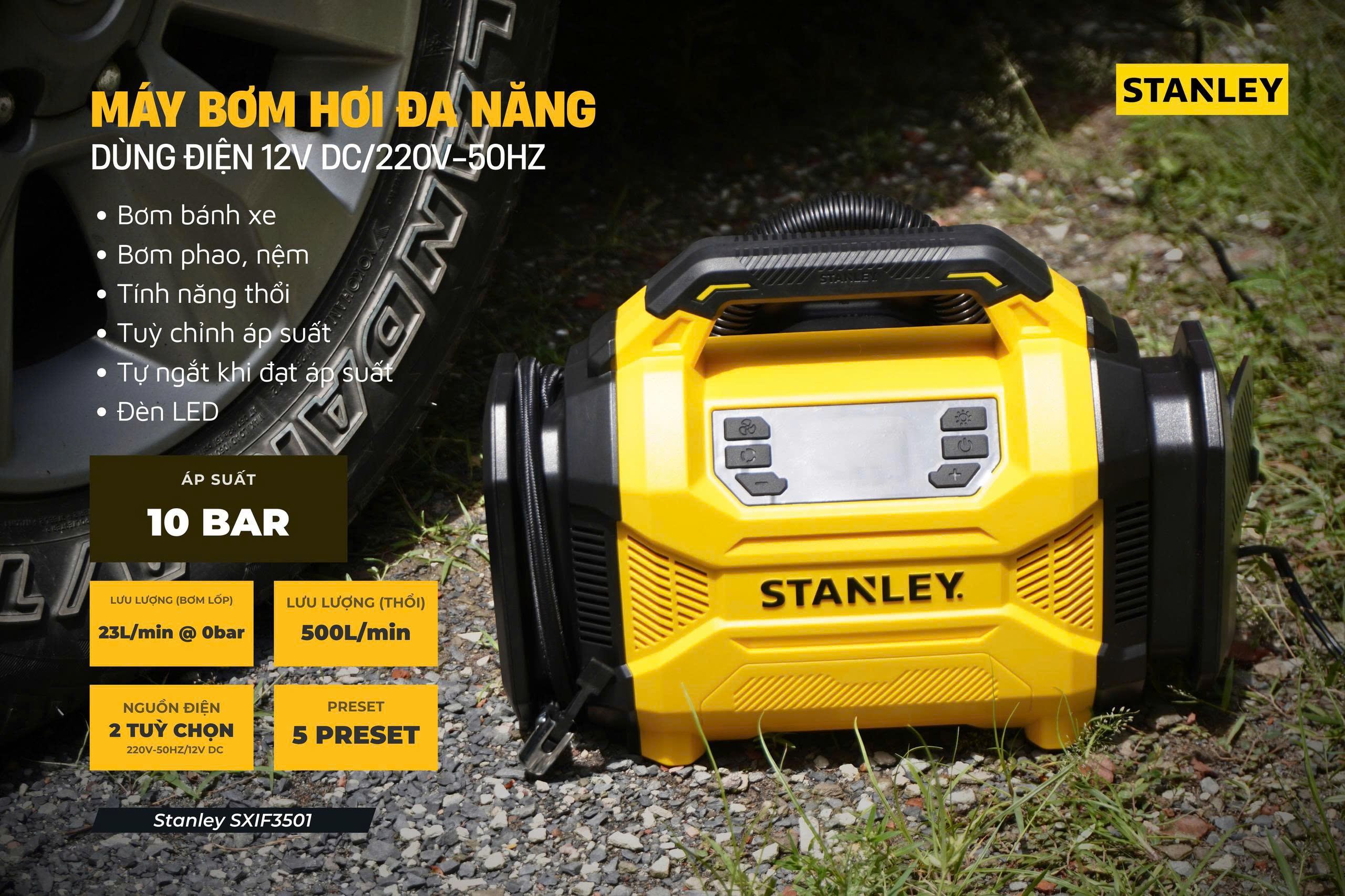 Máy bơm hơi đa năng dùng điện 12V/220V Stanley SXIF3501 - Ảnh 8