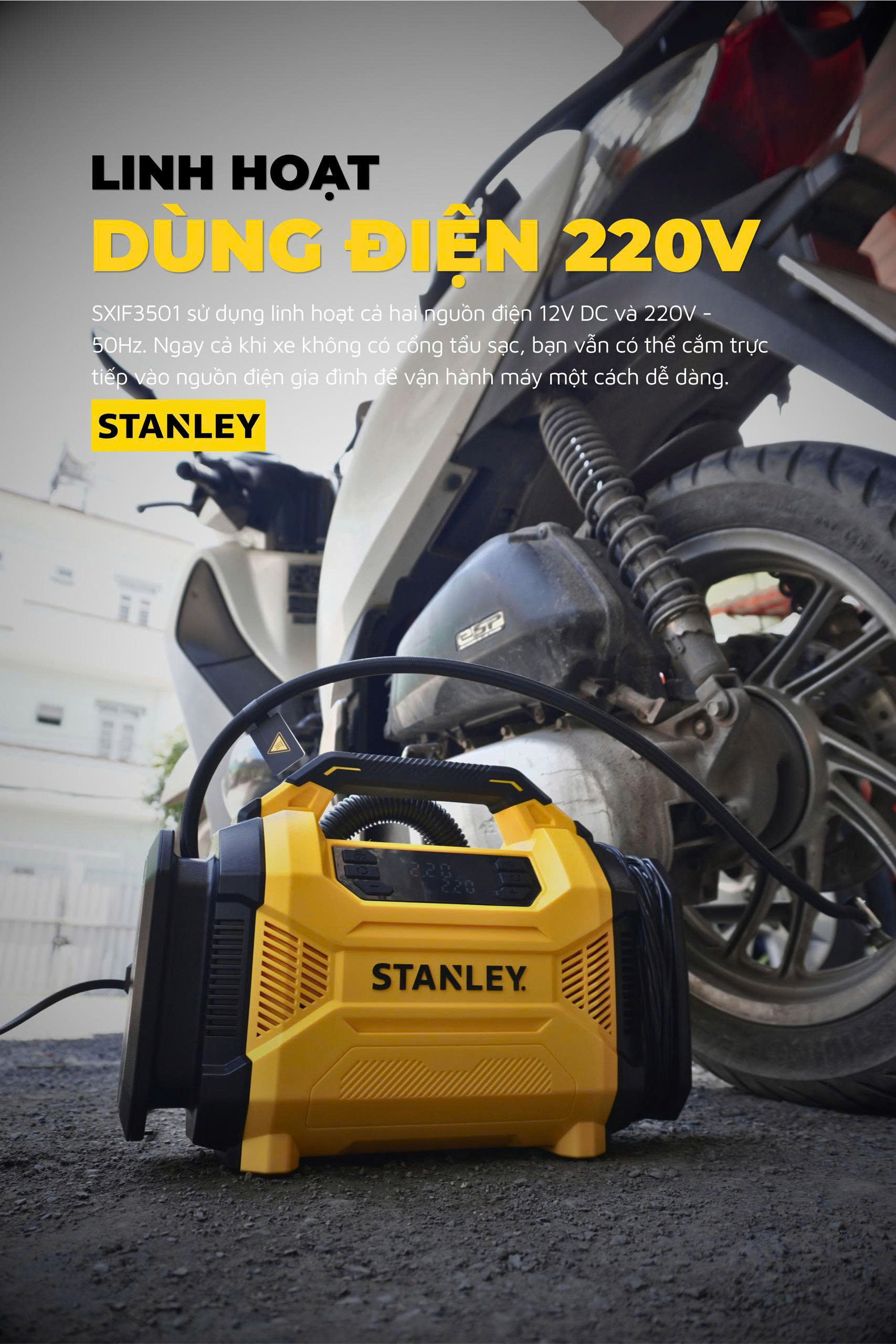 Máy bơm hơi đa năng dùng điện 12V/220V Stanley SXIF3501 - Ảnh 9