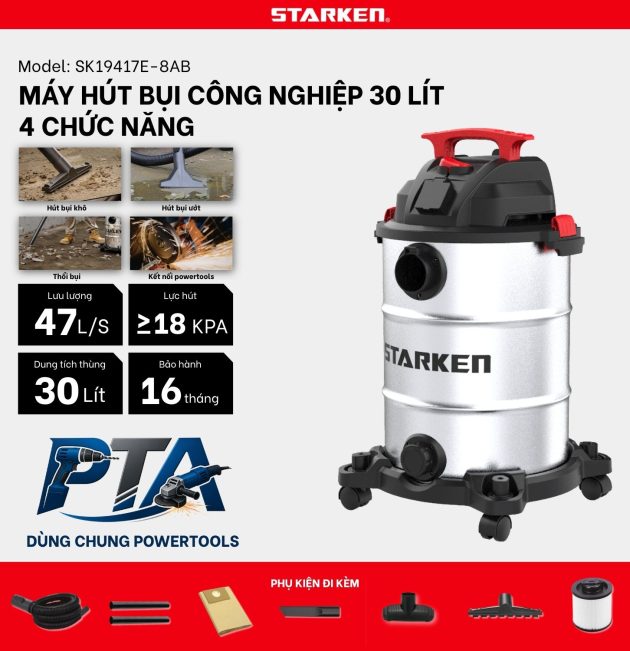 Máy hút bụi Công nghiệp 4 chức năng Starken SK19417E-8AB – 30L – 18Kpa