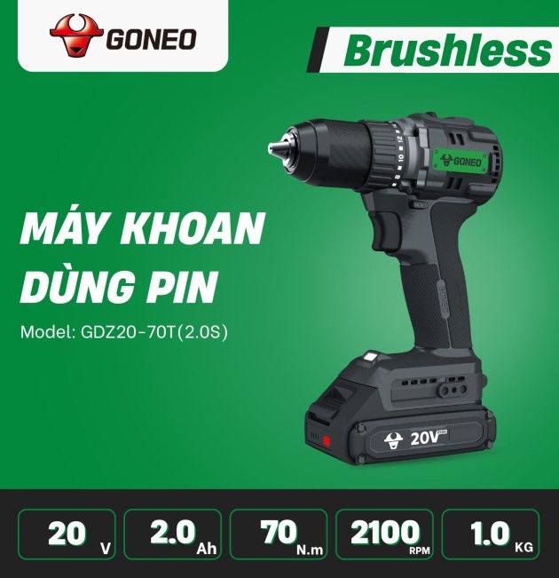 Máy Khoan Pin Không Chổi Than GONEO 20V 13mm (GDZ20-70T)