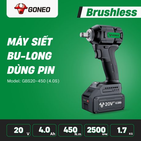 Máy Siết Bu Lông Dùng Pin Không Chổi Than GONEO 20V Model: GBS20-450 (4.0S)