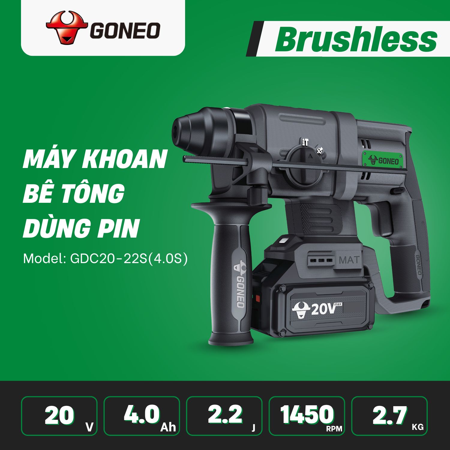 Máy Khoan Bê Tông Dùng Pin Không Chổi Than GONEO Model: GDC20-22S (4.0S)