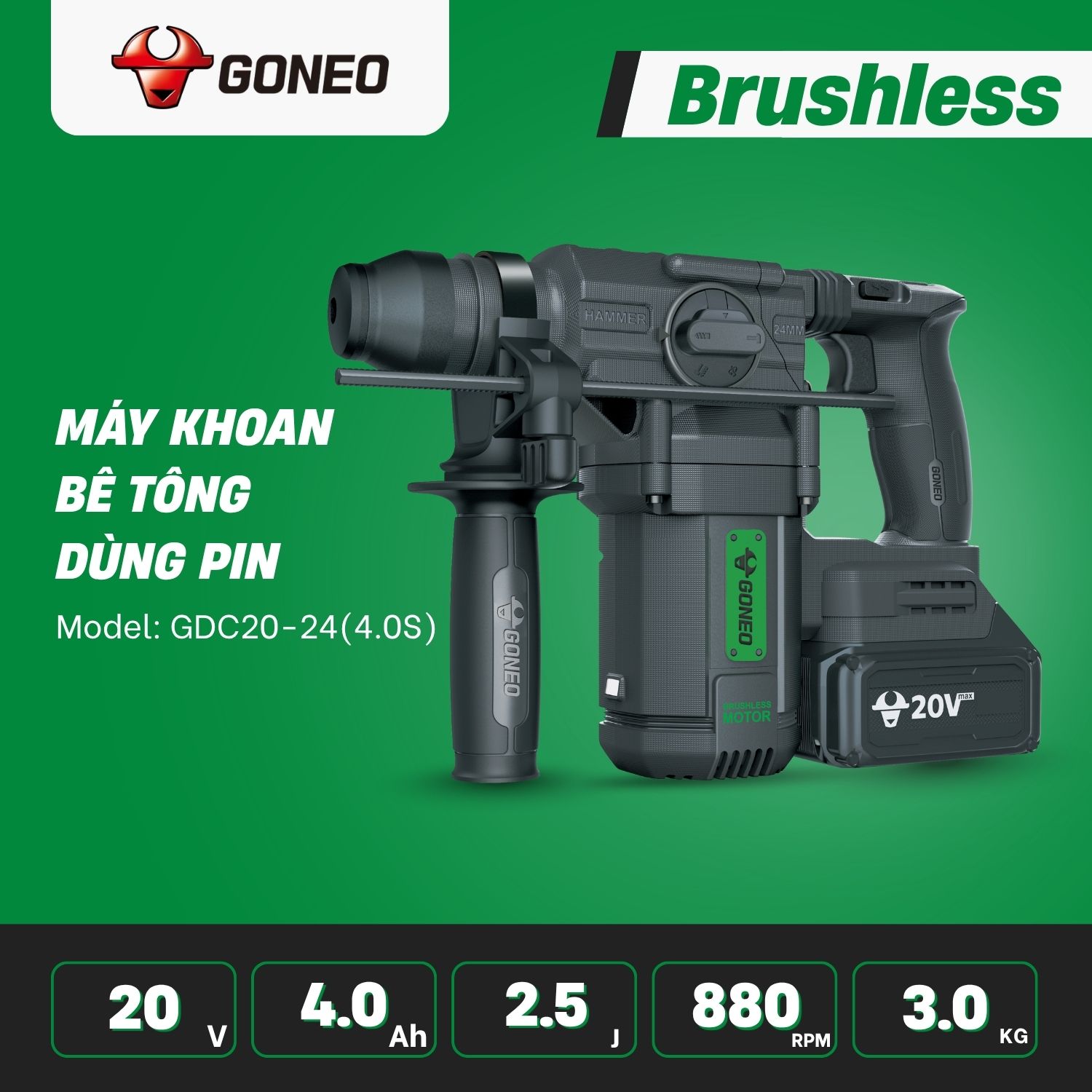 Máy Khoan Bê Tông Dùng Pin Không Chổi Than GONEO Model: GDC20-24(4.0S)_GONEO